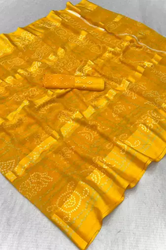 Yellow bandhani print satin patta casual saree with blouse