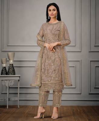 Butterfly net embroidered readymade suit set with satin bottom & dupatta 1