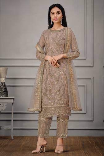 Butterfly net embroidered readymade suit set with satin bottom & dupatta