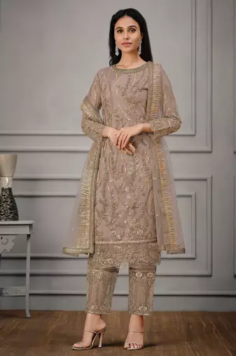 Butterfly net embroidered readymade suit set with satin bottom & dupatta
