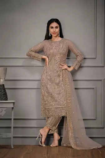 Butterfly net embroidered readymade suit set with satin bottom & dupatta