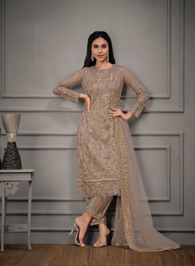 Butterfly net embroidered readymade suit set with satin bottom & dupatta