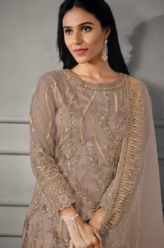 Butterfly net embroidered readymade suit set with satin bottom & dupatta