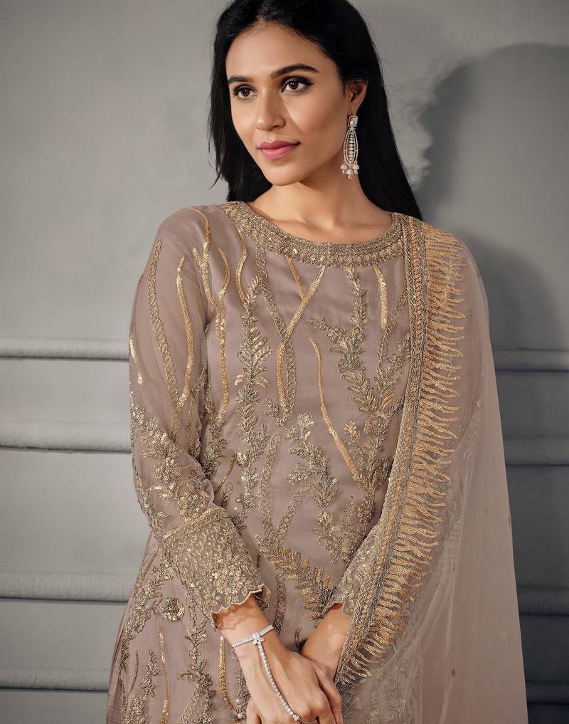 Butterfly net embroidered readymade suit set with satin bottom & dupatta