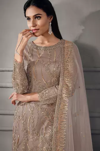 Butterfly net embroidered readymade suit set with satin bottom & dupatta