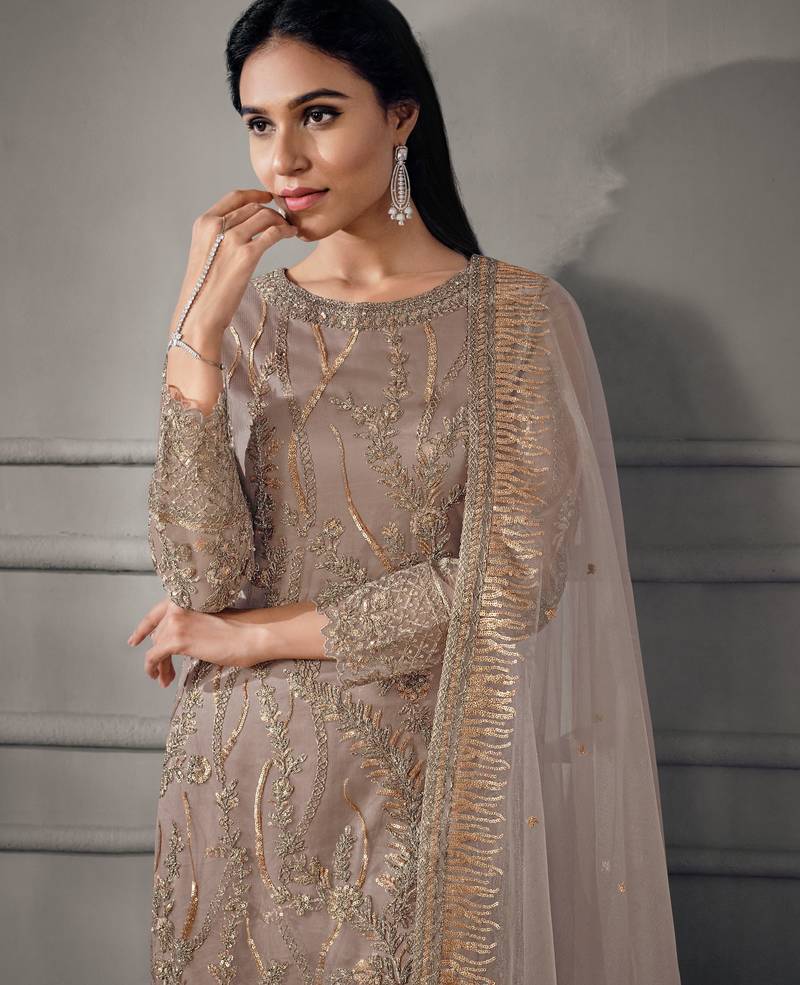 Butterfly net embroidered readymade suit set with satin bottom & dupatta