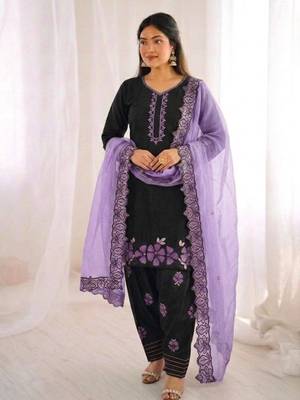 Black Roman Glass Silk Embroidered Kurta Set with purple Dupatta and farsi salwar 1