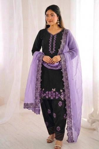 Black Roman Glass Silk Embroidered Kurta Set with purple Dupatta and farsi salwar