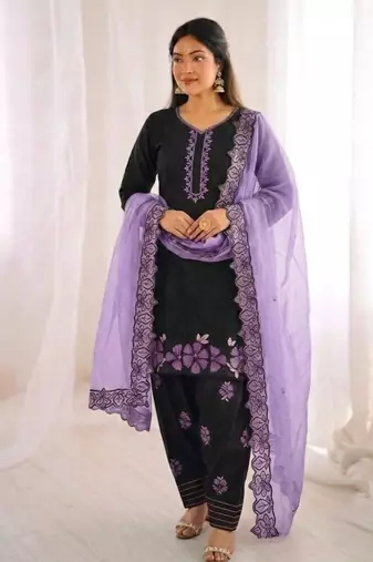 Black Roman Glass Silk Embroidered Kurta Set with purple Dupatta and farsi salwar