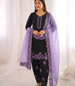 Black Roman Glass Silk Embroidered Kurta Set with purple Dupatta and farsi salwar