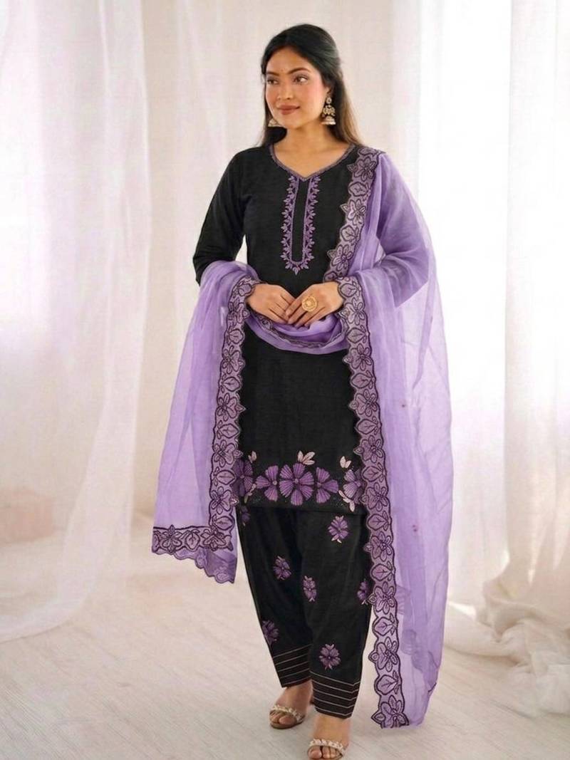 Black Roman Glass Silk Embroidered Kurta Set with purple Dupatta and farsi salwar
