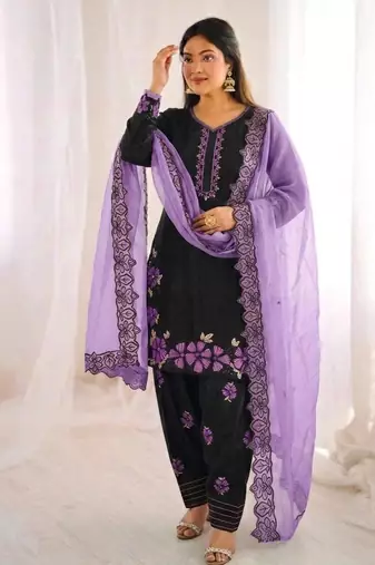 Black Roman Glass Silk Embroidered Kurta Set with purple Dupatta and farsi salwar