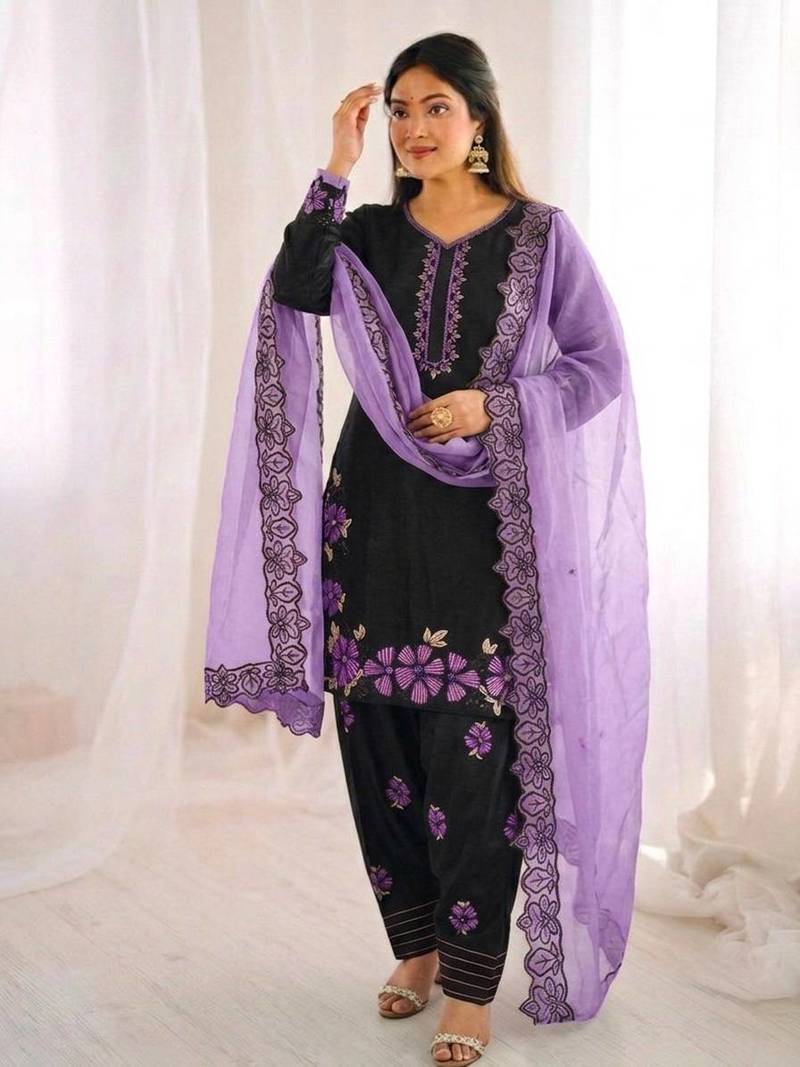 Black Roman Glass Silk Embroidered Kurta Set with purple Dupatta and farsi salwar