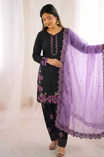 Black Roman Glass Silk Embroidered Kurta Set with purple Dupatta and farsi salwar