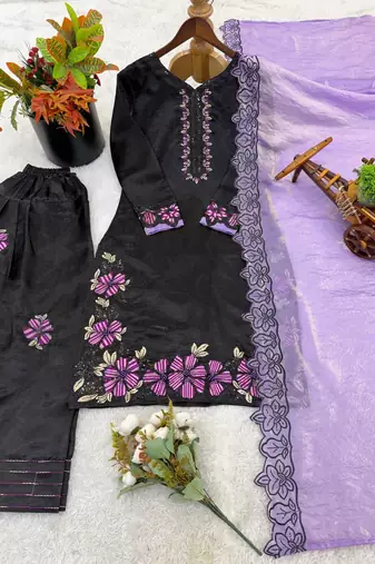 Black Roman Glass Silk Embroidered Kurta Set with purple Dupatta and farsi salwar