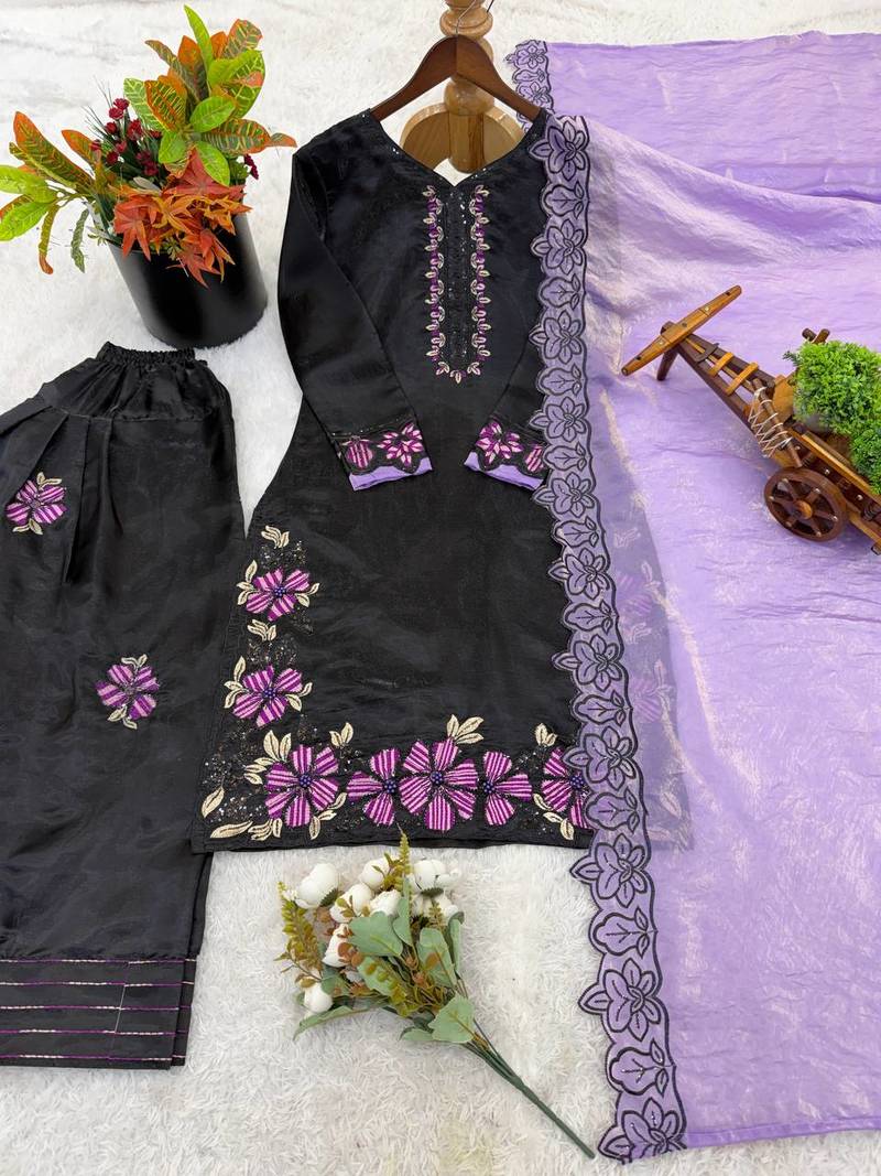 Black Roman Glass Silk Embroidered Kurta Set with purple Dupatta and farsi salwar
