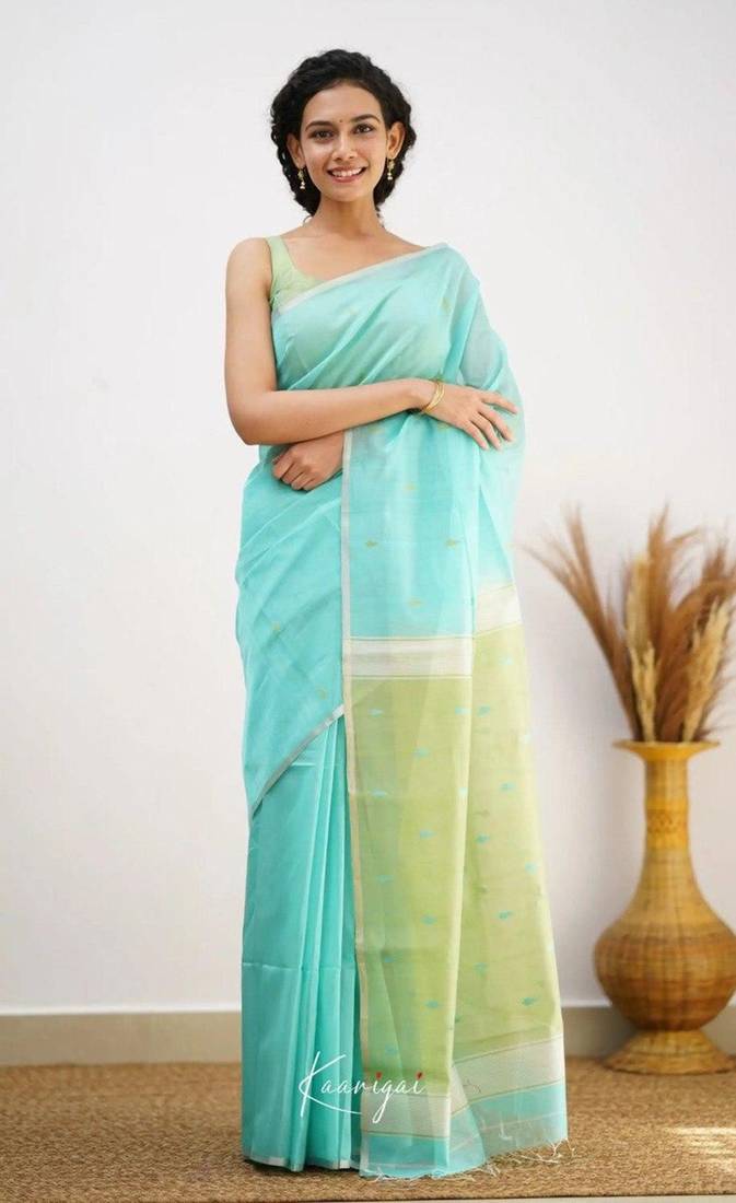 Turquoise soft linen slub jacuard work designer saree with blouse