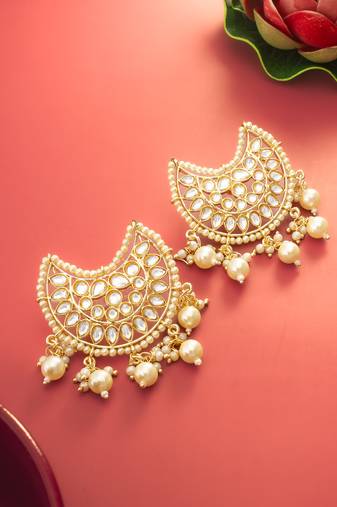  gold plated kundan chandbali pearl drop earrings