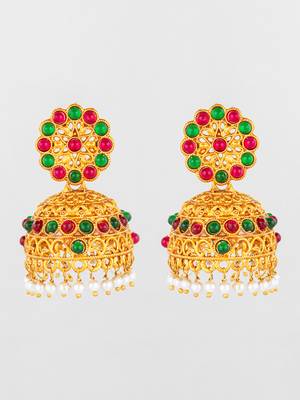 gold plated traditional jhumka earrings with red and green stones 2