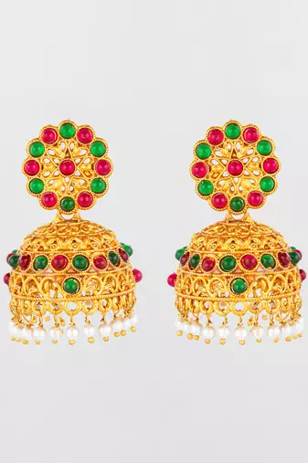  gold plated traditional jhumka earrings with red and green stones