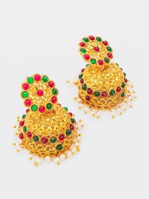  gold plated traditional jhumka earrings with red and green stones 3