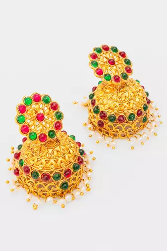  gold plated traditional jhumka earrings with red and green stones