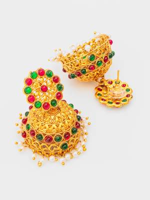  gold plated traditional jhumka earrings with red and green stones 4