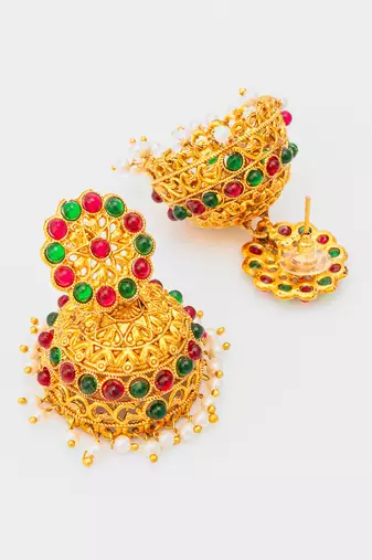  gold plated traditional jhumka earrings with red and green stones