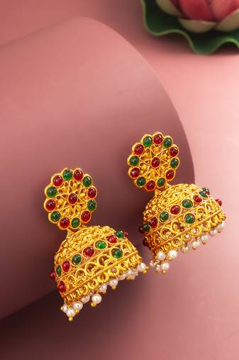  gold plated traditional jhumka earrings with red and green stones