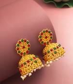 gold plated traditional jhumka earrings with red and green stones