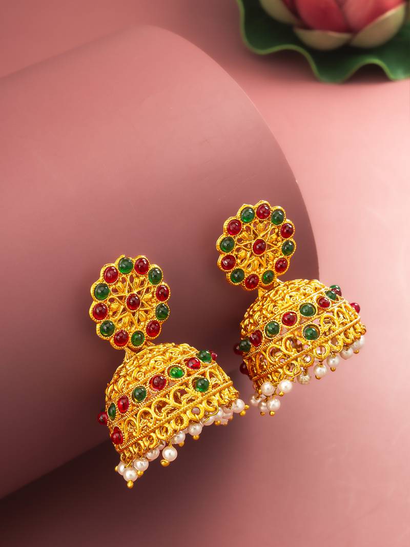 gold plated traditional jhumka earrings with red and green stones