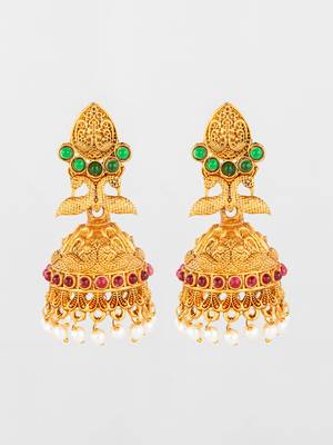  traditional gold plated green & red stone jhumka earrings 1