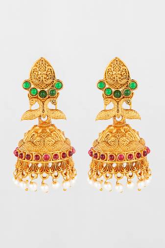 traditional gold plated green & red stone jhumka earrings