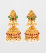  traditional gold plated green & red stone jhumka earrings