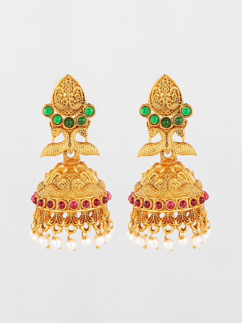  traditional gold plated green & red stone jhumka earrings