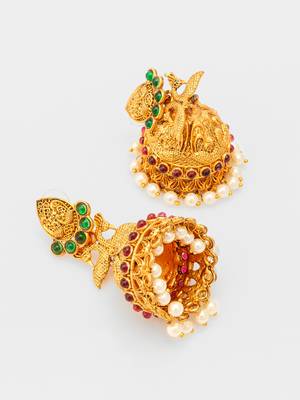  traditional gold plated green & red stone jhumka earrings 2