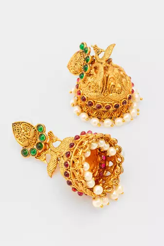  traditional gold plated green & red stone jhumka earrings
