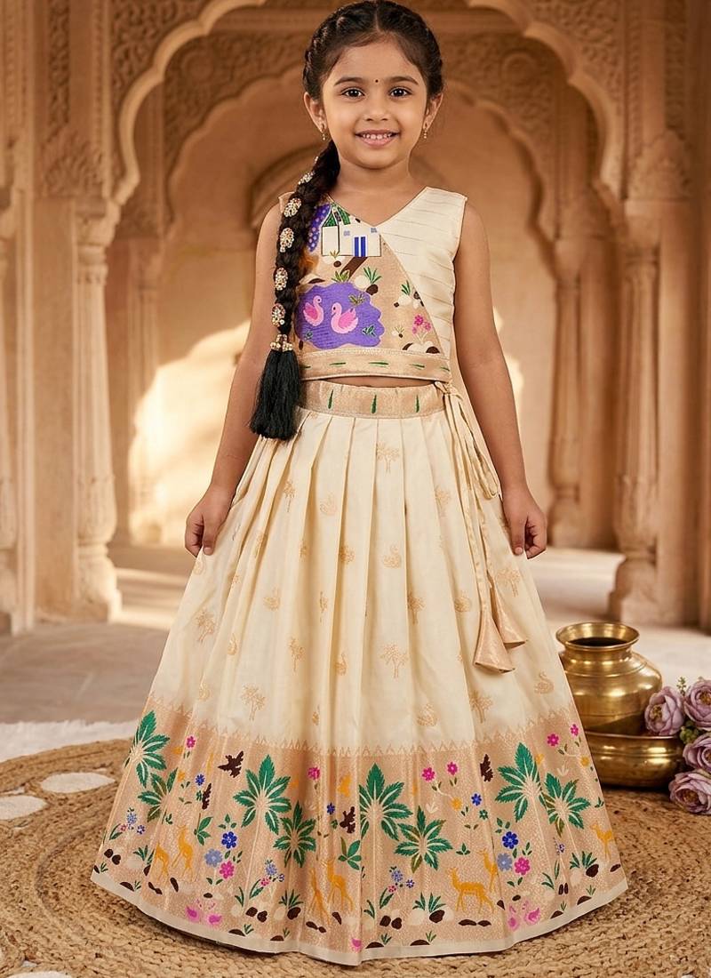 Soft silk paithani design zari weaving pavadai for kids
