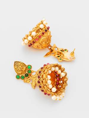  traditional gold plated green & red stone jhumka earrings 3