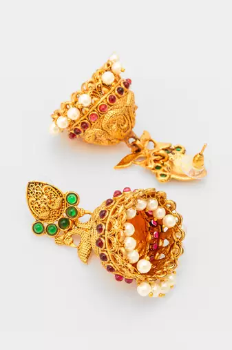  traditional gold plated green & red stone jhumka earrings