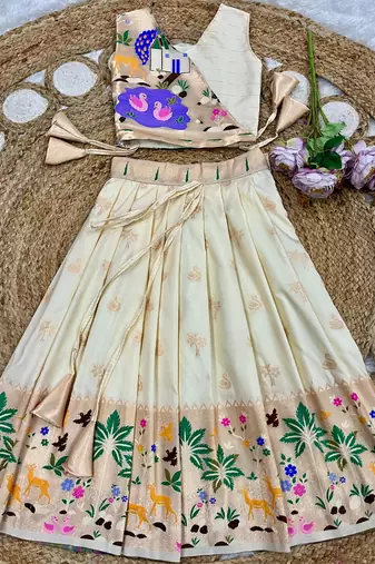 Soft silk paithani design zari weaving pavadai for kids