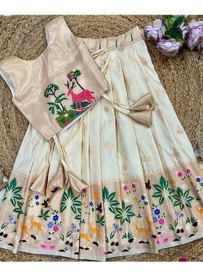 Soft silk paithani design zari weaving pavadai for kids 3