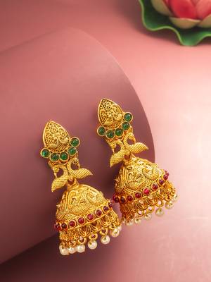  traditional gold plated green & red stone jhumka earrings 5