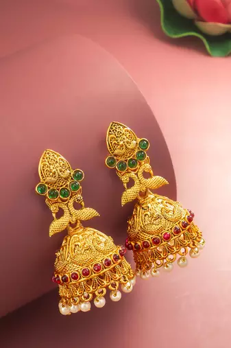  traditional gold plated green & red stone jhumka earrings