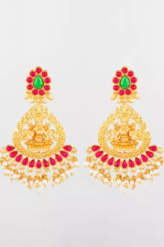  temple design gold plated earrings with green & red stones