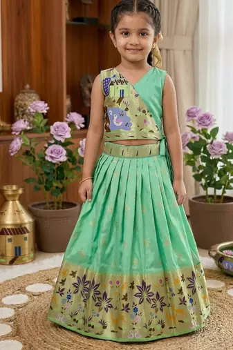 Soft silk paithani design zari weaving pavadai for kids