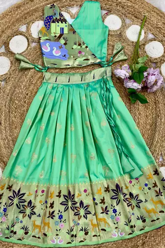 Soft silk paithani design zari weaving pavadai for kids