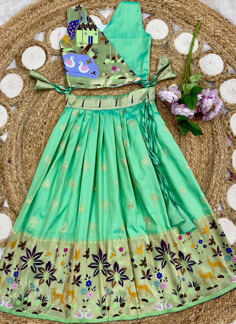 Soft silk paithani design zari weaving pavadai for kids