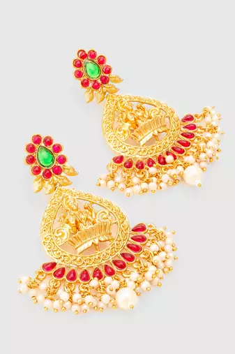  temple design gold plated earrings with green & red stones