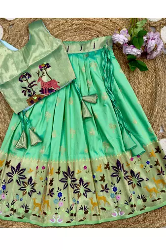 Soft silk paithani design zari weaving pavadai for kids